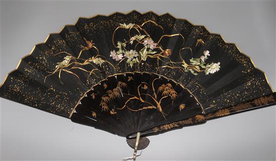 A Japanese gilt decorated lacquer and embroidery fan